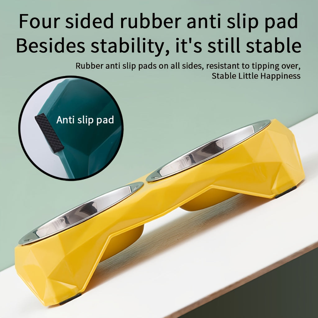 Double Stainless Steel Pet Bowls Set, Diamond Design, Elevated Non-Skid Stand, Large Capacity Feeding Dishes for Dogs and Cats - Metal Material, No Battery Needed