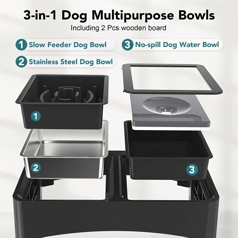 [Ergonomic Stainless Steel Pet Bowls] Adjustable Height Raised Dog Bowl Stand with No-Spill & Slow Feeder Design - Ergonomic Stainless Steel Pet Bowls for All Dog Sizes & Cats, Anti-Slip & Easy to Clean, Perfect for Healthier