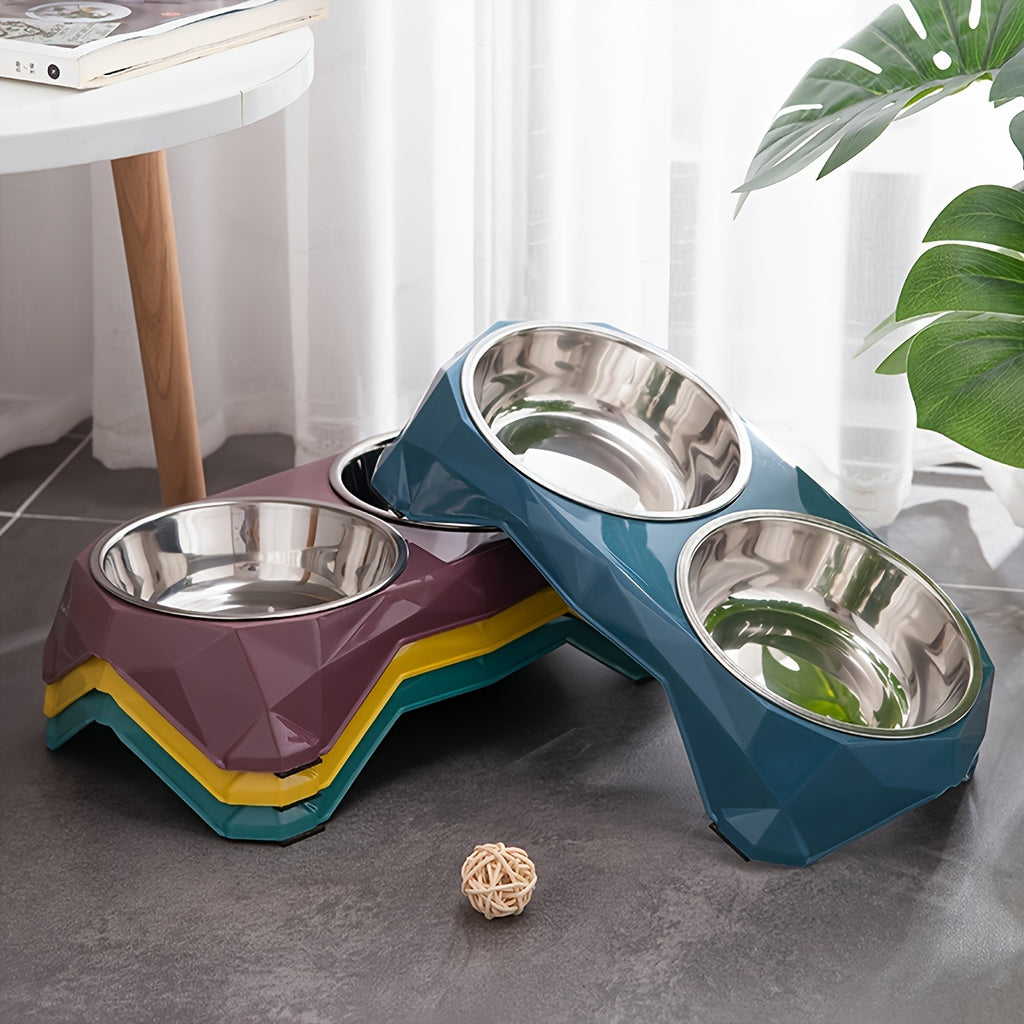 Double Stainless Steel Pet Bowls Set, Diamond Design, Elevated Non-Skid Stand, Large Capacity Feeding Dishes for Dogs and Cats - Metal Material, No Battery Needed