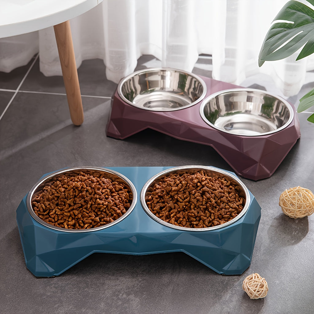 Double Stainless Steel Pet Bowls Set, Diamond Design, Elevated Non-Skid Stand, Large Capacity Feeding Dishes for Dogs and Cats - Metal Material, No Battery Needed
