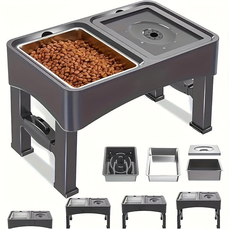 [Ergonomic Stainless Steel Pet Bowls] Adjustable Height Raised Dog Bowl Stand with No-Spill & Slow Feeder Design - Ergonomic Stainless Steel Pet Bowls for All Dog Sizes & Cats, Anti-Slip & Easy to Clean, Perfect for Healthier